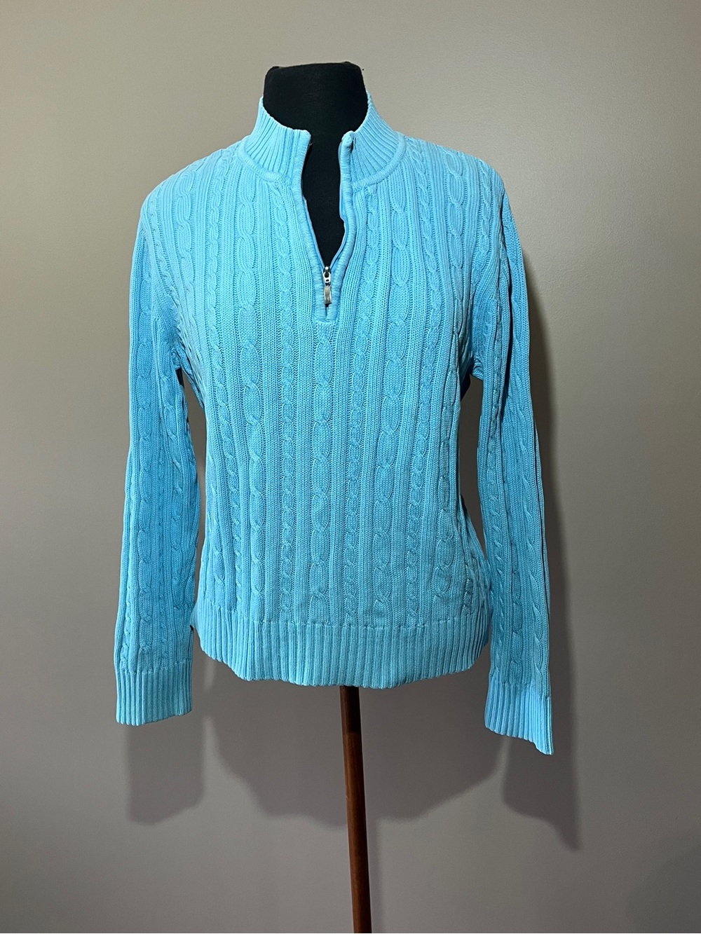 Denver Hayes Light Blue Cable-Knit Quarter Zip Sweater 100% Cotton - Picture 1 of 7